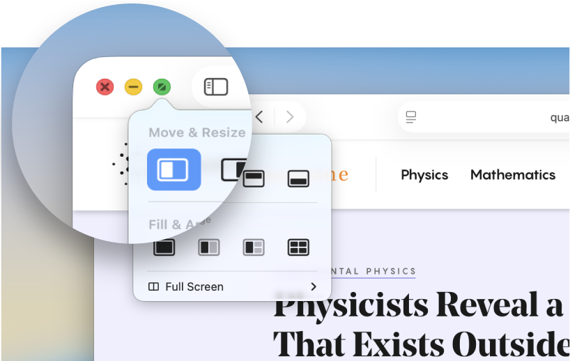 Die rote Taste zum Schließen, die gelbe Taste zum Minimieren und die grüne Taste für den Vollbildmodus links oben in der Ecke eines App-Fensters.