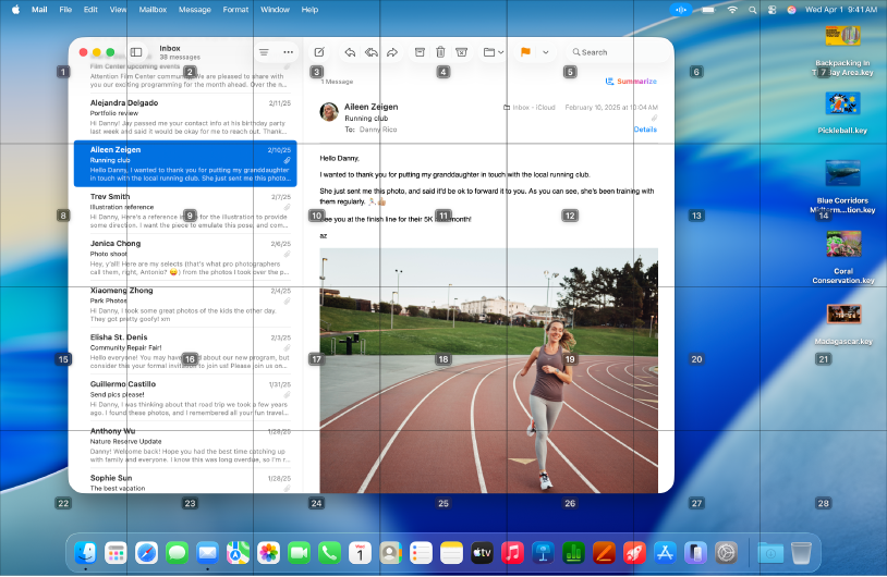 L’app Mail ouverte avec une grille superposée au bureau Mac. Chaque cellule au sein de la grille est identifiée par un numéro.