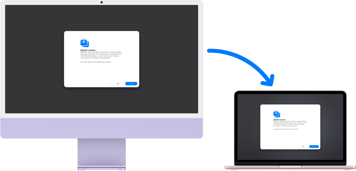 Um iMac e um MacBook Neo mostrando a tela do Assistente de Migração. Uma seta que sai do iMac para o MacBook Neo indica a transferência de dados de um para o outro.