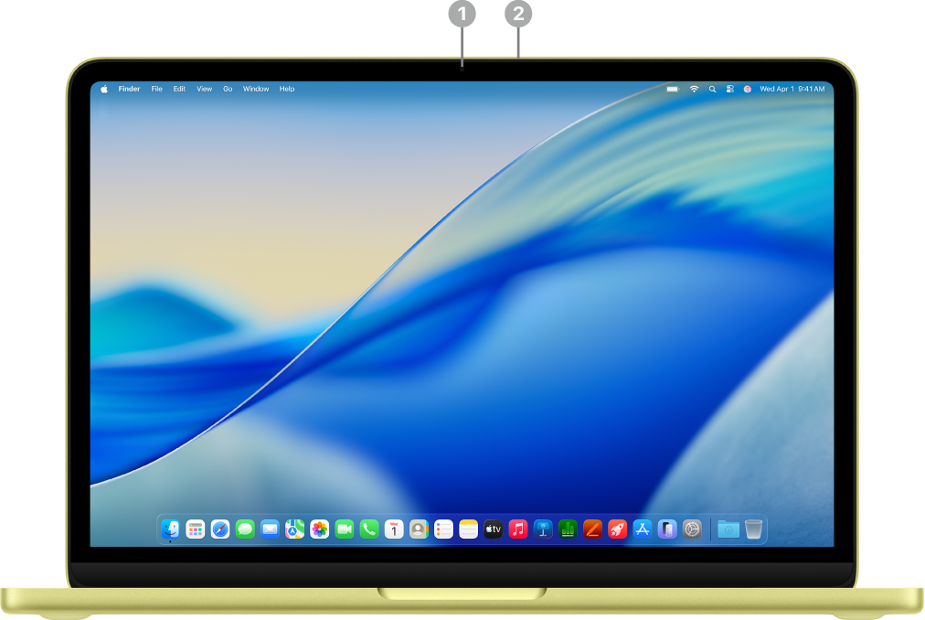 Um MacBook Neo com a câmera FaceTime HD de 1080p e um microfone.