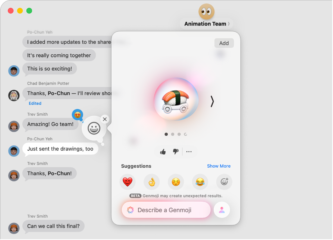 Mac 上的「訊息」App 顯示正在製作 Genmoji 以用於對話中。