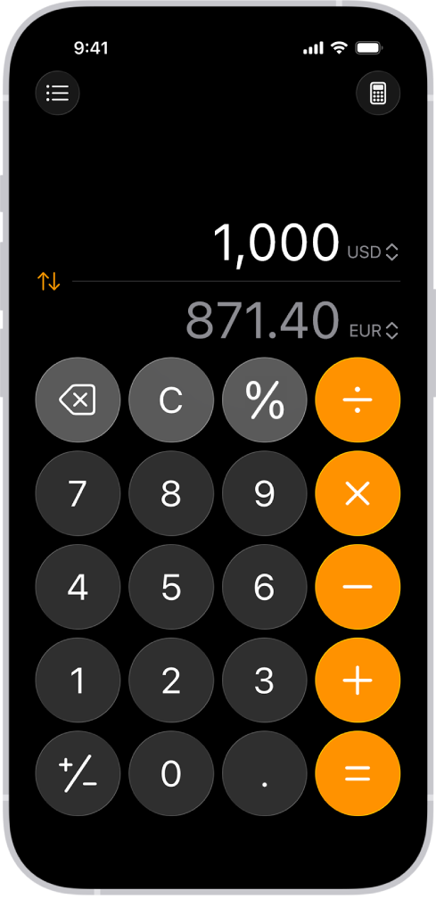 La calculadora básica con una conversión de divisas en el iPhone.