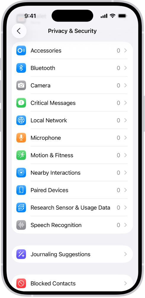 ആപ്പുകൾക്ക് ക്യാമറ, മൈക്രൊഫോൺ, നിങ്ങളുടെ iPhone-ന്റെ മറ്റ് ഭാഗങ്ങൾ എന്നിവ ഉപയോഗിക്കാനാകുമോ എന്ന് നിയന്ത്രിക്കാനുള്ള ക്രമീകരണത്തോട് കൂടിയ, ‘സ്വകാര്യതയും സുരക്ഷയും’ സ്ക്രീൻ.
