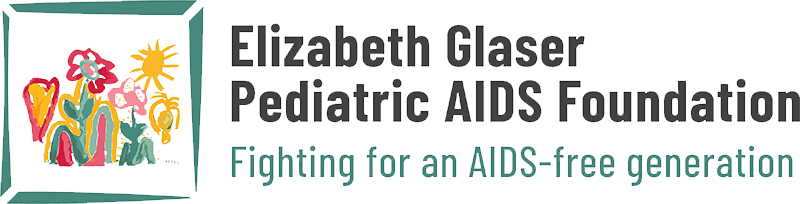 Logo of the Elizabeth Glaser Pediatric AIDS Foundation, featuring a colorful illustration of children and sun with the text 'Fighting for an AIDS-free generation'.