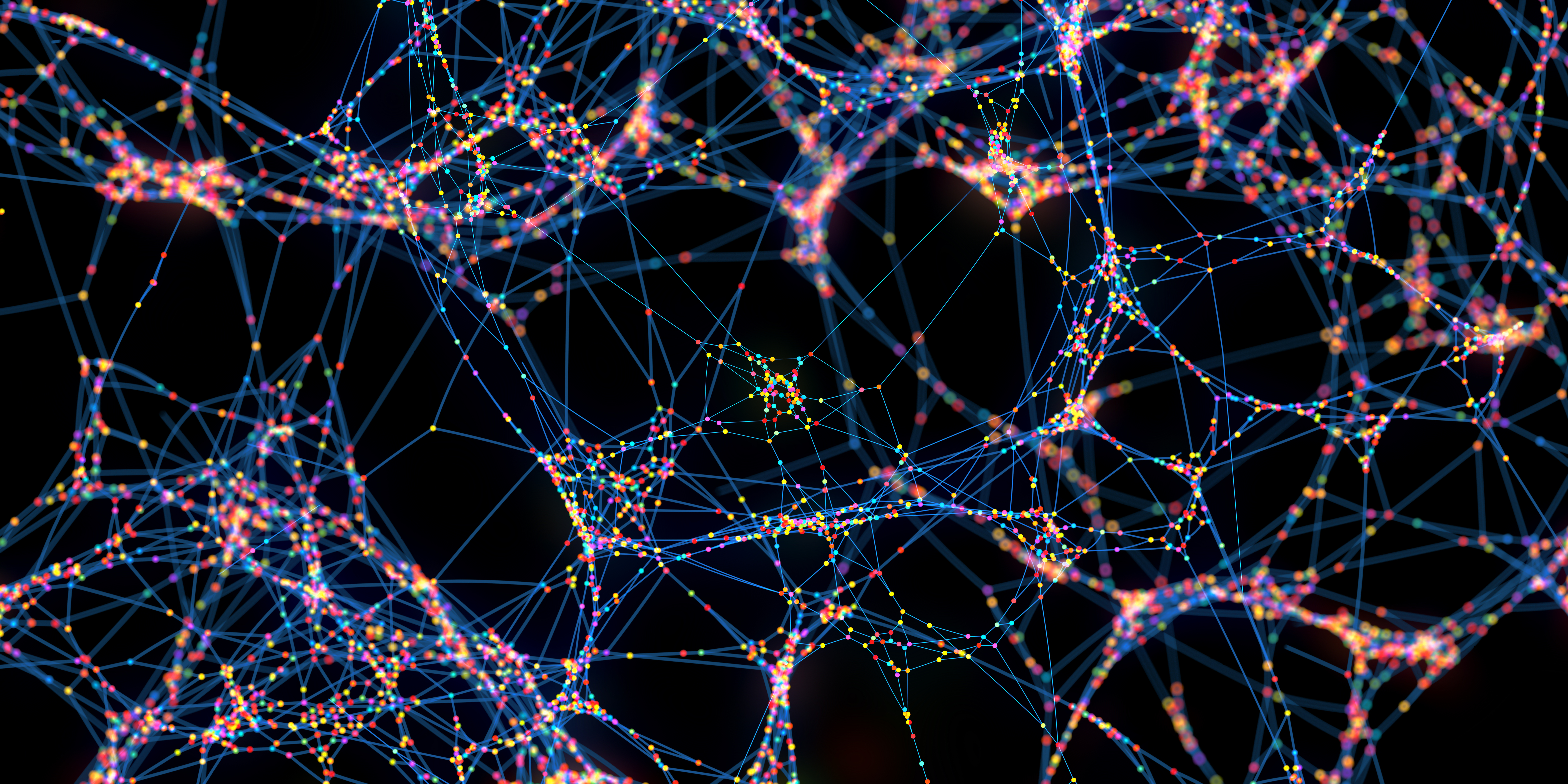 photo depicts An abstract image of huge network of multi-coloured spheres connected together by blue lines, against a dark background. With selective focus and bokeh.