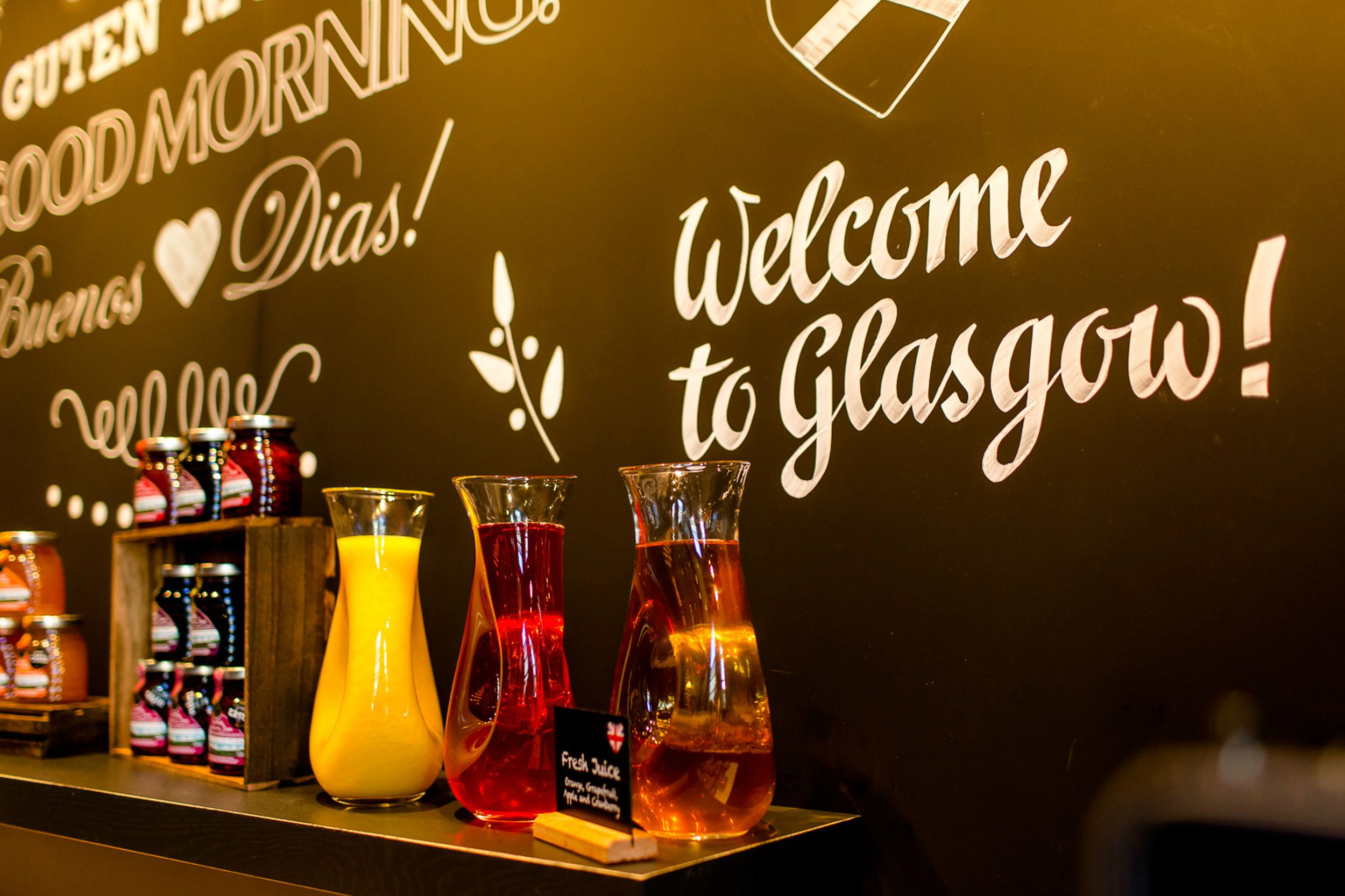 hotel Glasgow Motel One breakfast buffet with a focus on fresh juices