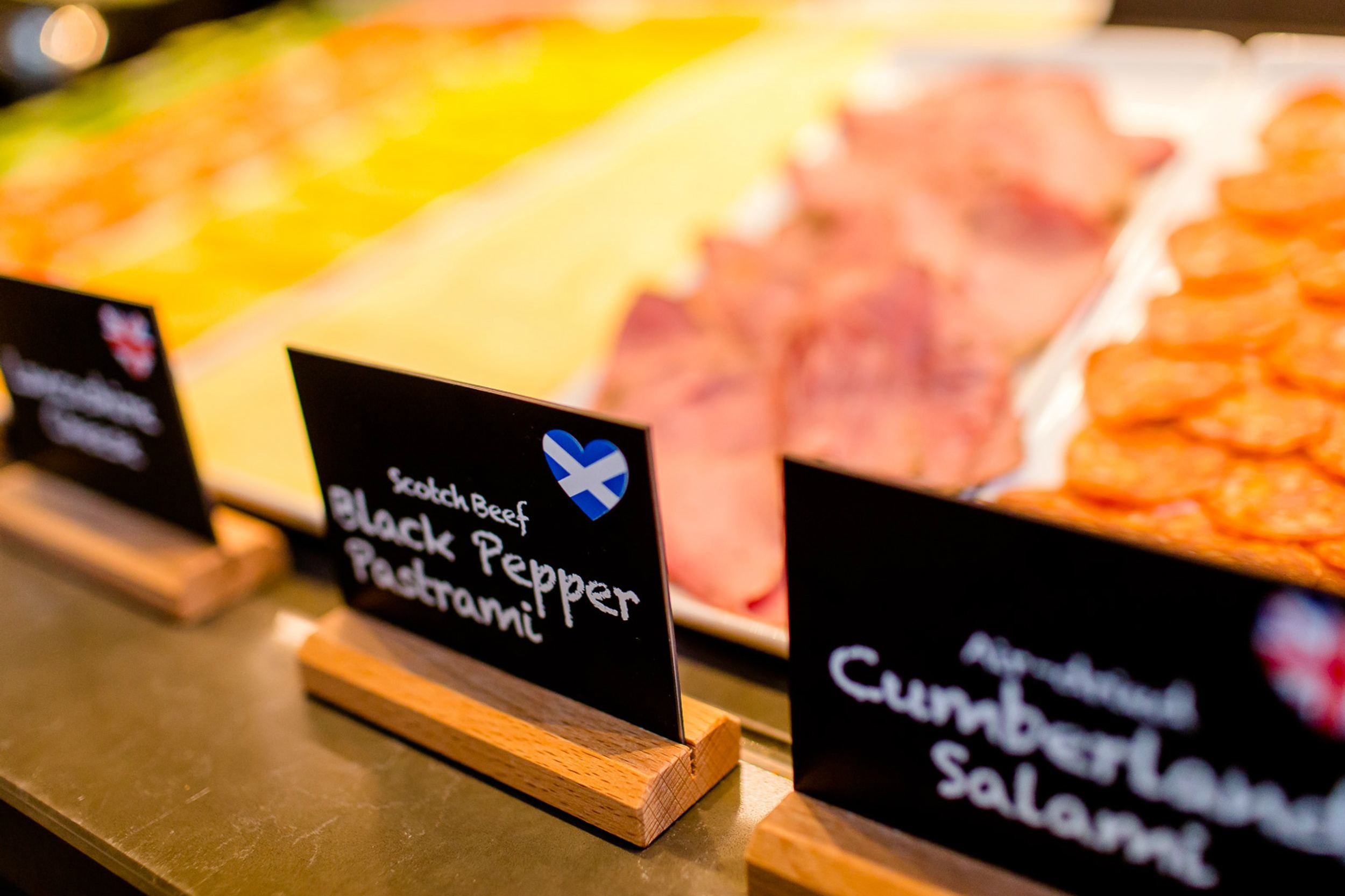 hotel Glasgow Motel One breakfast buffet close-up on Scotch Beef Black Pepper Pastrami