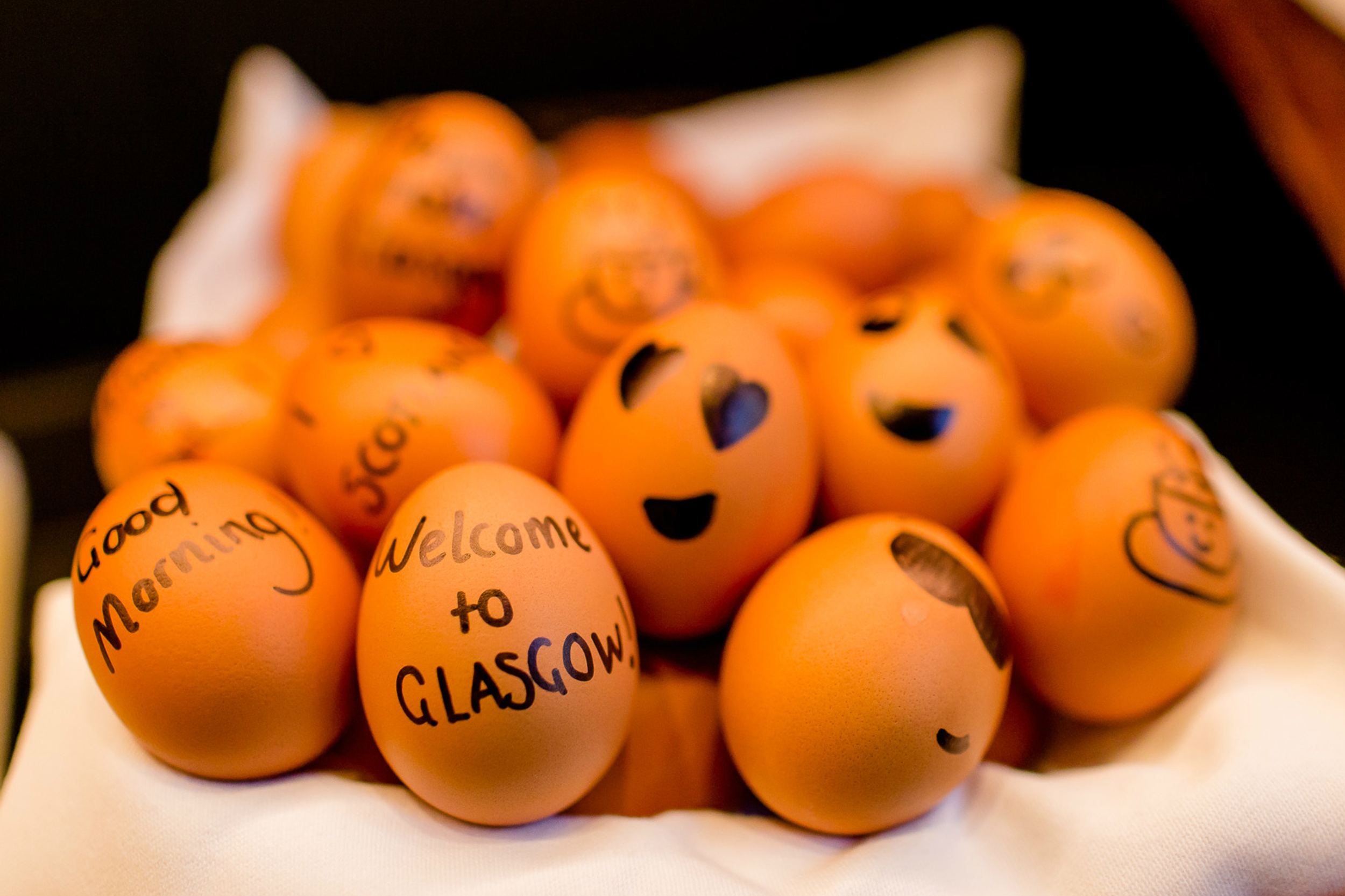 hotel Glasgow Motel One close-up of painted eggs at the breakfast buffet