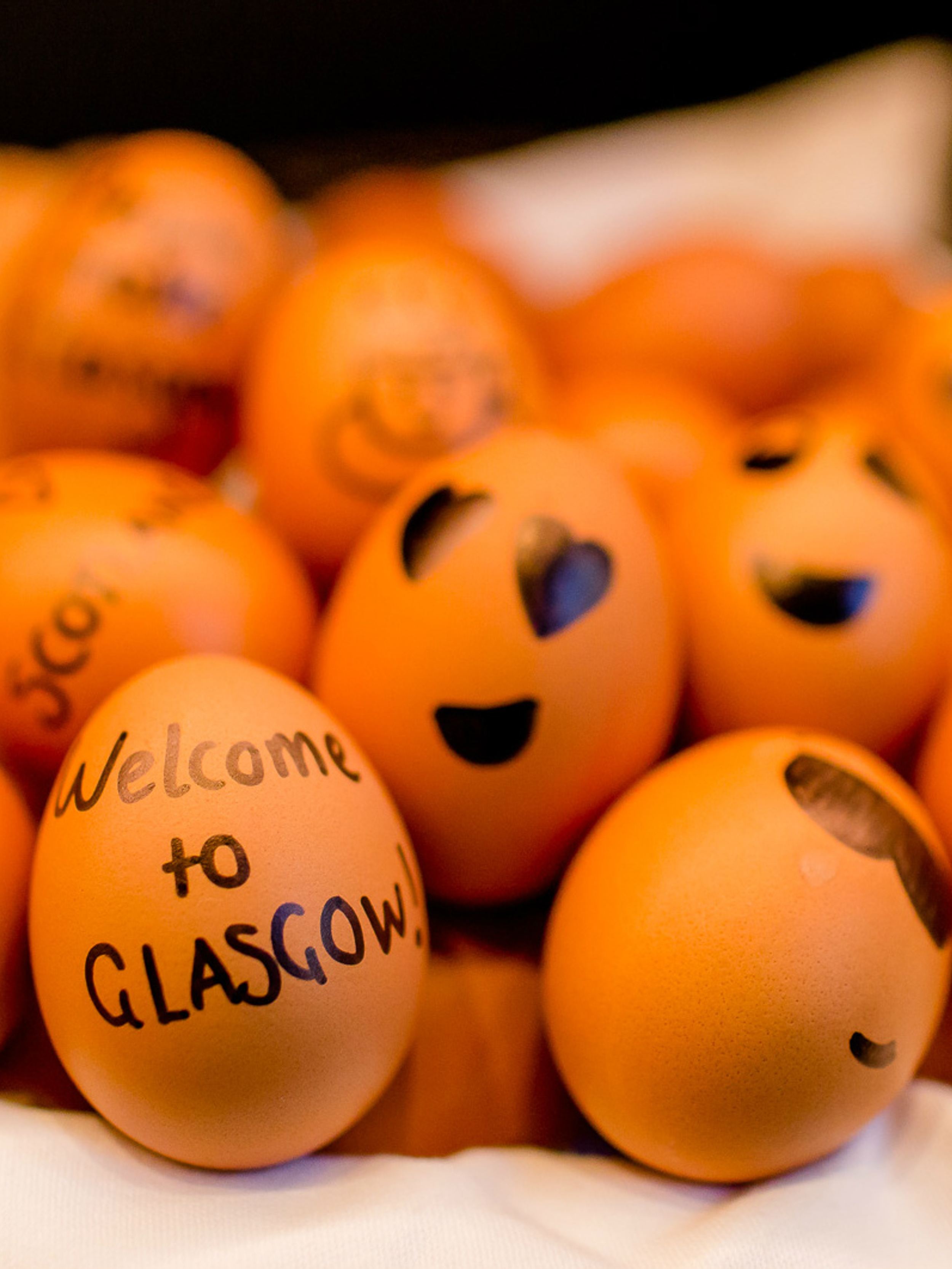 hotel Glasgow Motel One close-up of painted eggs at the breakfast buffet