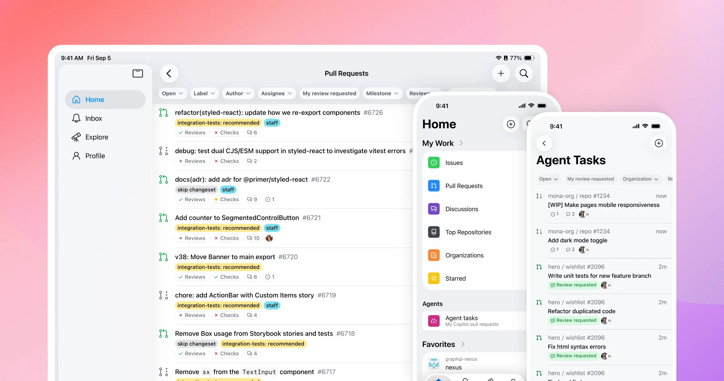 Three GitHub mobile app screens are shown: one is a tablet screen and the other two are phone screens. The tablet screen shows a list of pull requests. The first phone screen displays the GitHub mobile app home UI, and the second phone screen displays a list of agent tasks.