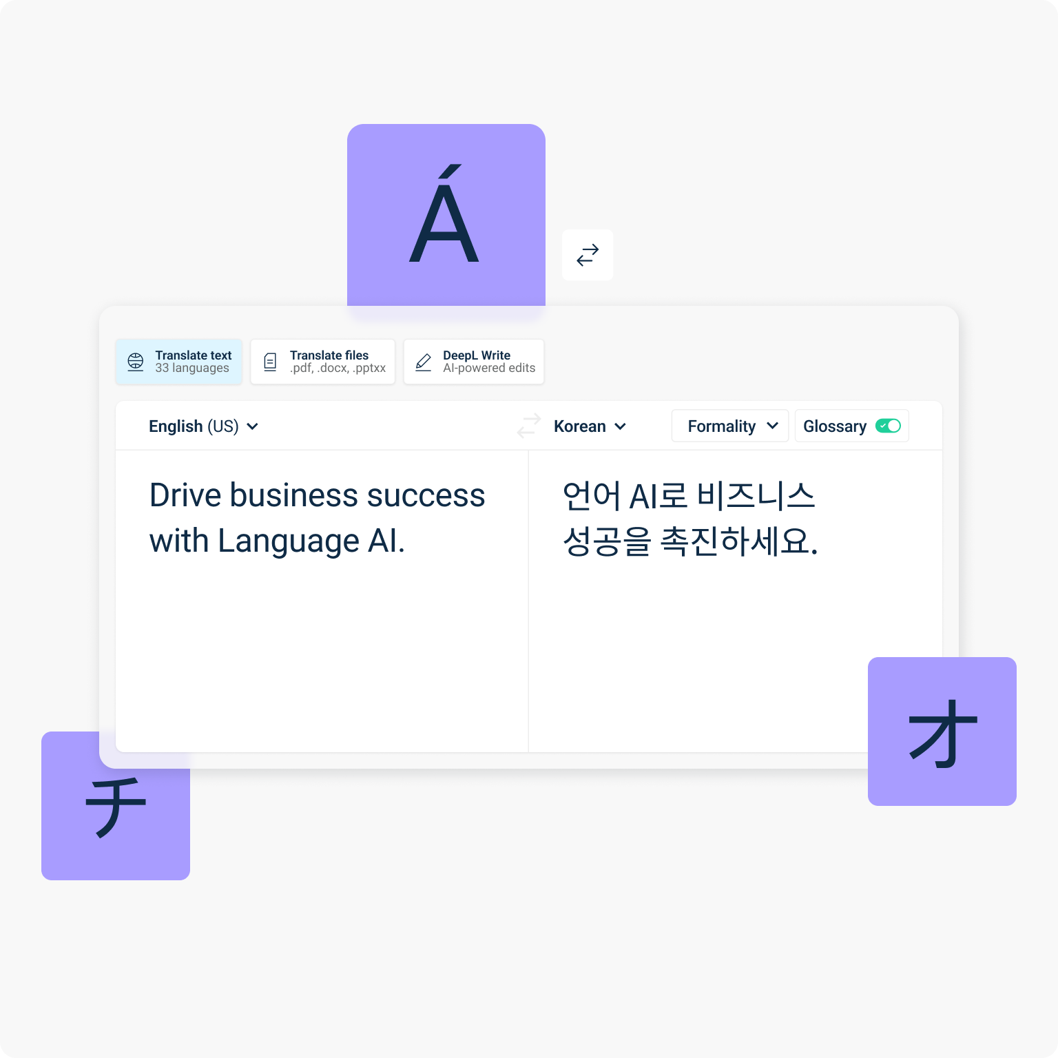 Tekst: „Drive business success with Language AI” wraz z jego tłumaczeniem na język koreański. Wokół tekstu widoczne są fioletowe symbole języków.