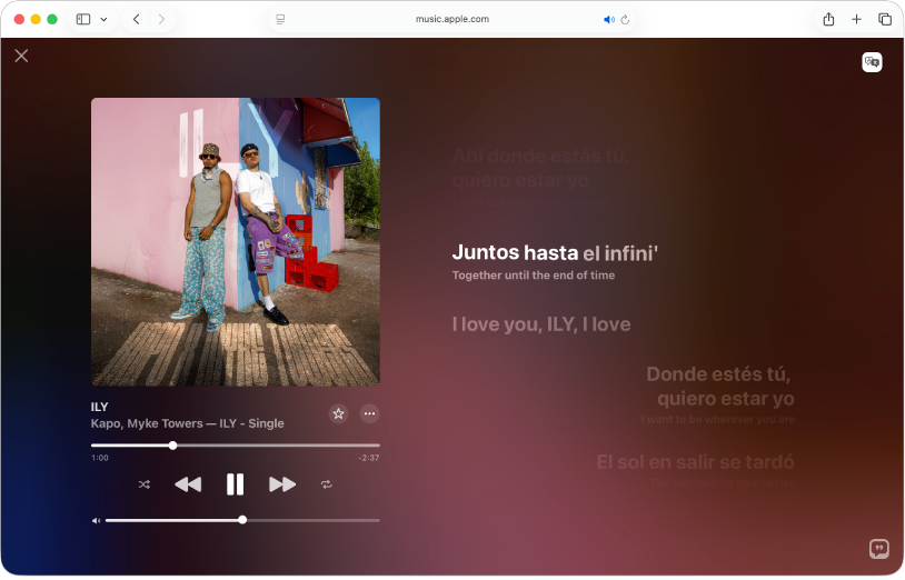 The Full-Screen Player with a song playing and lyrics on the right, which appear onscreen in time with the music.