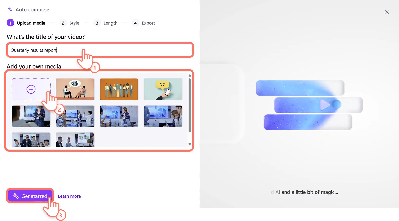 A user naming a video and importing video files then pressing the AI auto compose get started button in Clipchamp video editor.