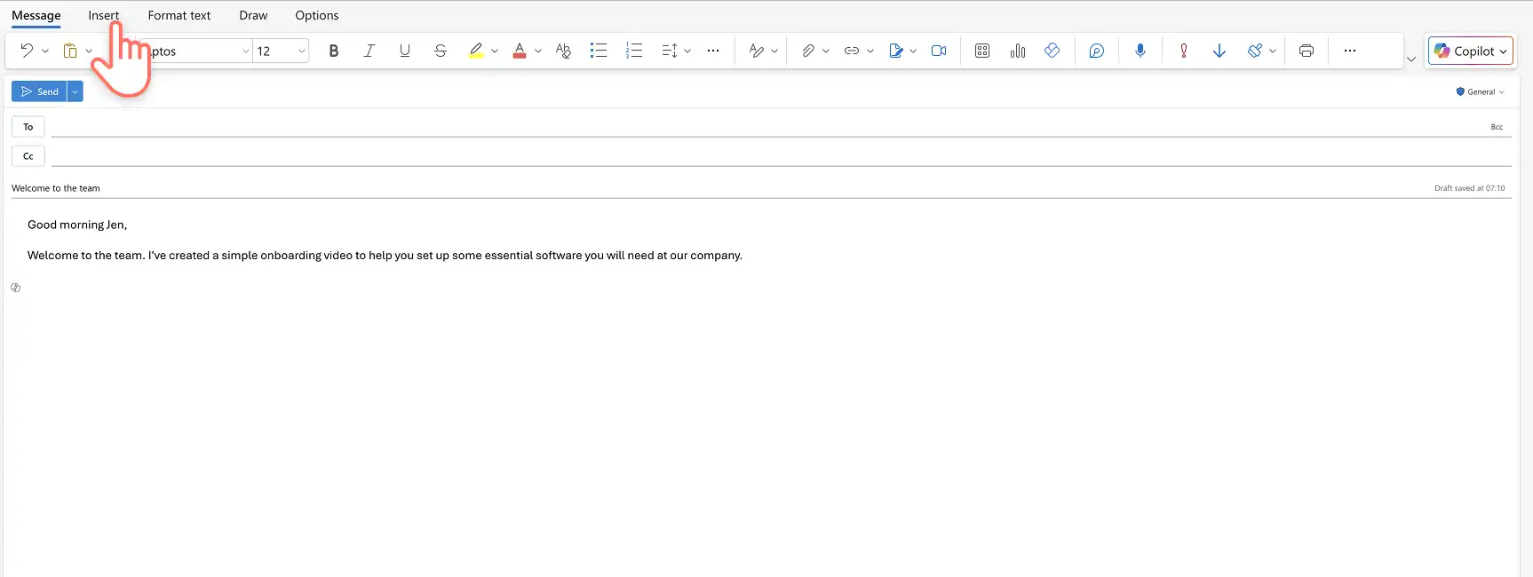 Пайдаланушы Outlook бағдарламасында жаңа электрондық пошта хабарын жасауда