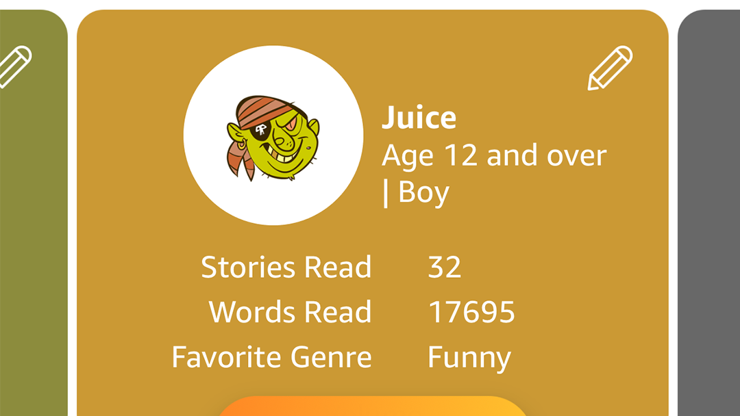 A preview of the parent dashboard video. It shows the parent dashboard page titled Parent Dashboard, there is an X at the top right of the screen to close the dashboard. A child's profile is shown with the name Juice. The avatar chosen is a scurvy pirate. The profile says it is for a male age twelve and over. There are arrow buttons to the left and right of the top section for navigating between different profiles. The section below is titled Recently Read and shows the cover and title for Alien Invasion Part 1. It includes the story details like author name, illustrator name, brief summary, and the child's rating and favorite status. There is a button at the bottom that says Share.