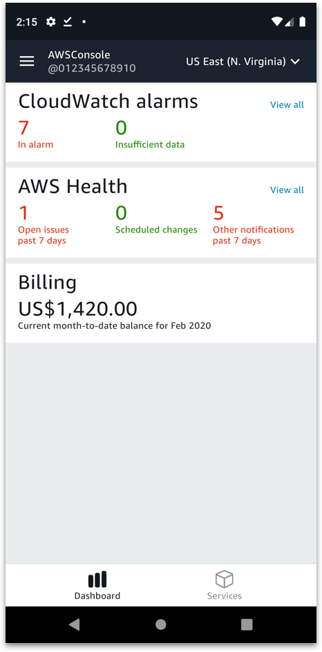 Console Mobile App for Android dashboard