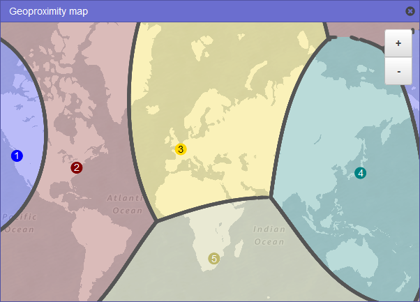 
					A map of the world that shows how traffic is routed when you add a bias of +25 in the US East (Northern Virginia) Region. 
				
