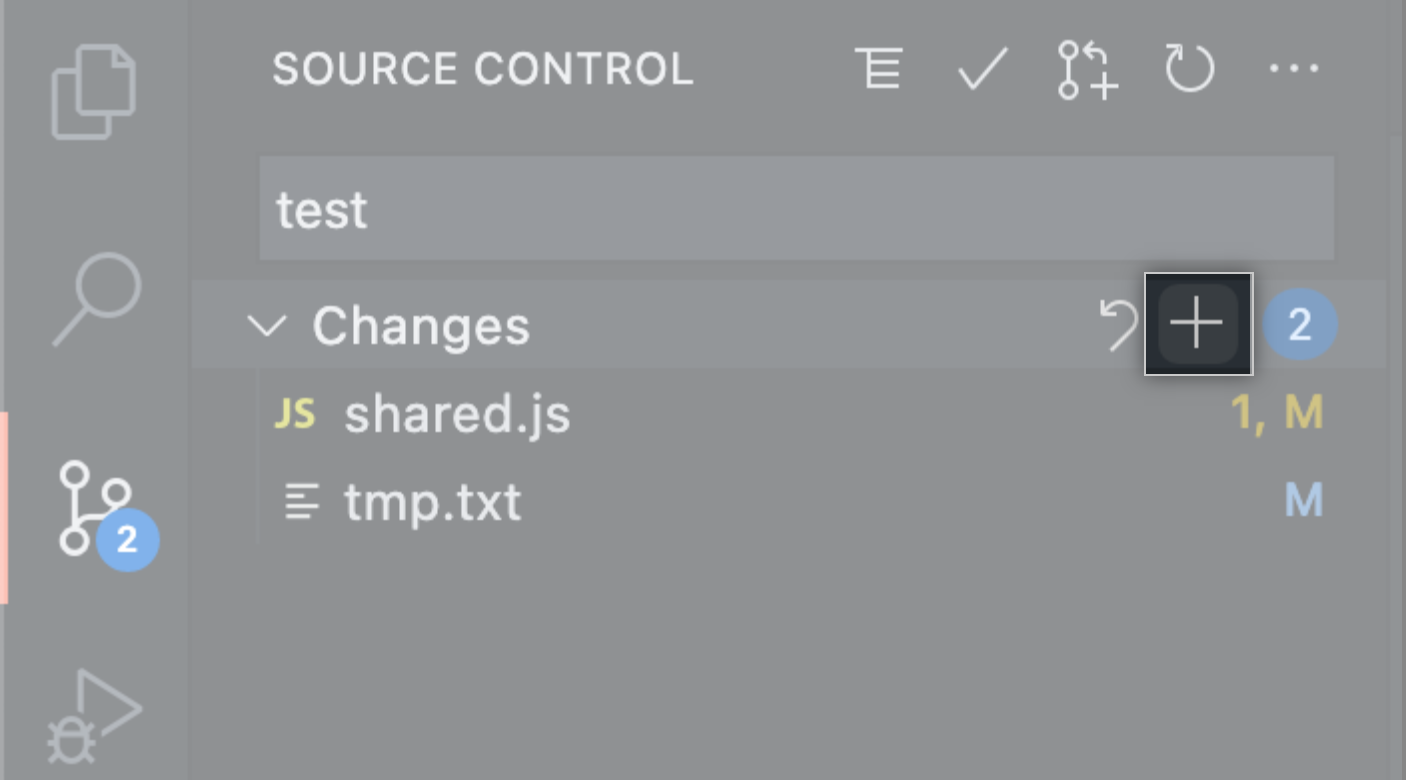 Source control side bar with staging button highlighted