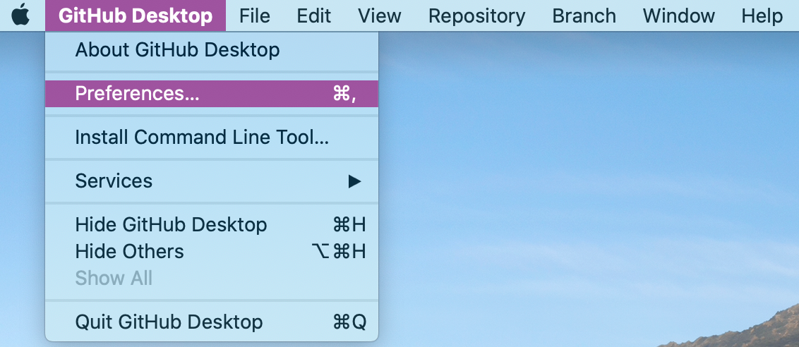 The Preferences value in the GitHub Desktop drop-down menu