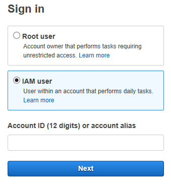 
            Main sign-in page with IAM user selected
          