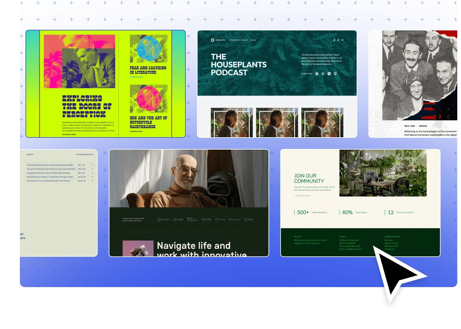 Colagem de exemplos de temas do site WordPress.com em um fundo azul.