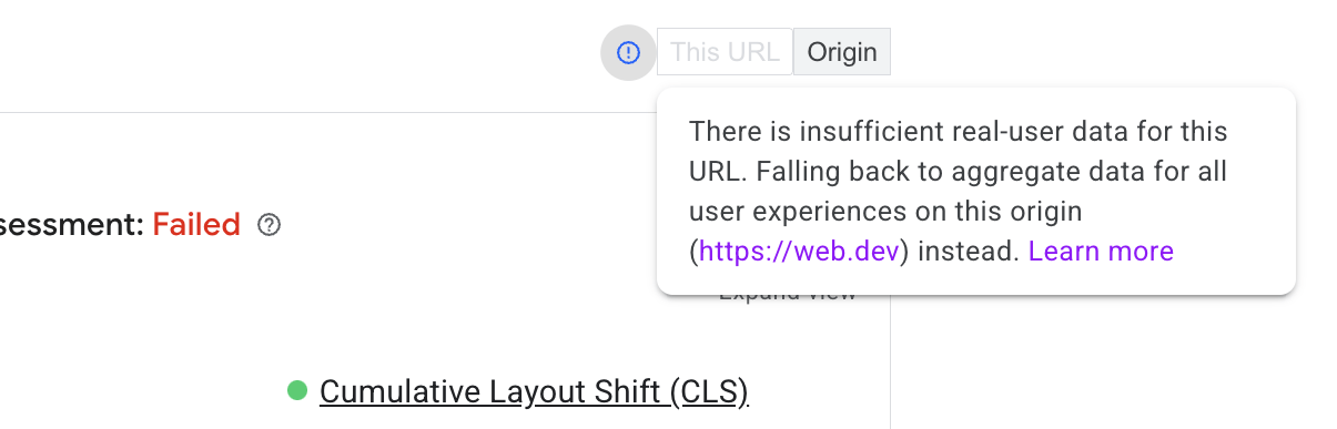 PageSpeed Insights utilise les données au niveau de l'origine lorsque celles au niveau de l'URL ne sont pas disponibles.
