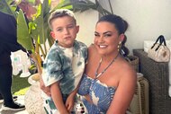 Brittany Cartwright and her son, Cruz Cauchi, in front of a plant outside.