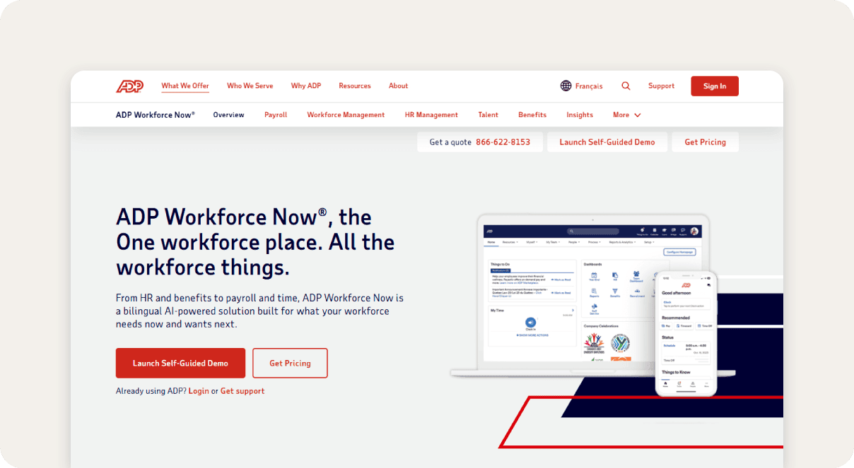 ADP Workforce Now homepage.