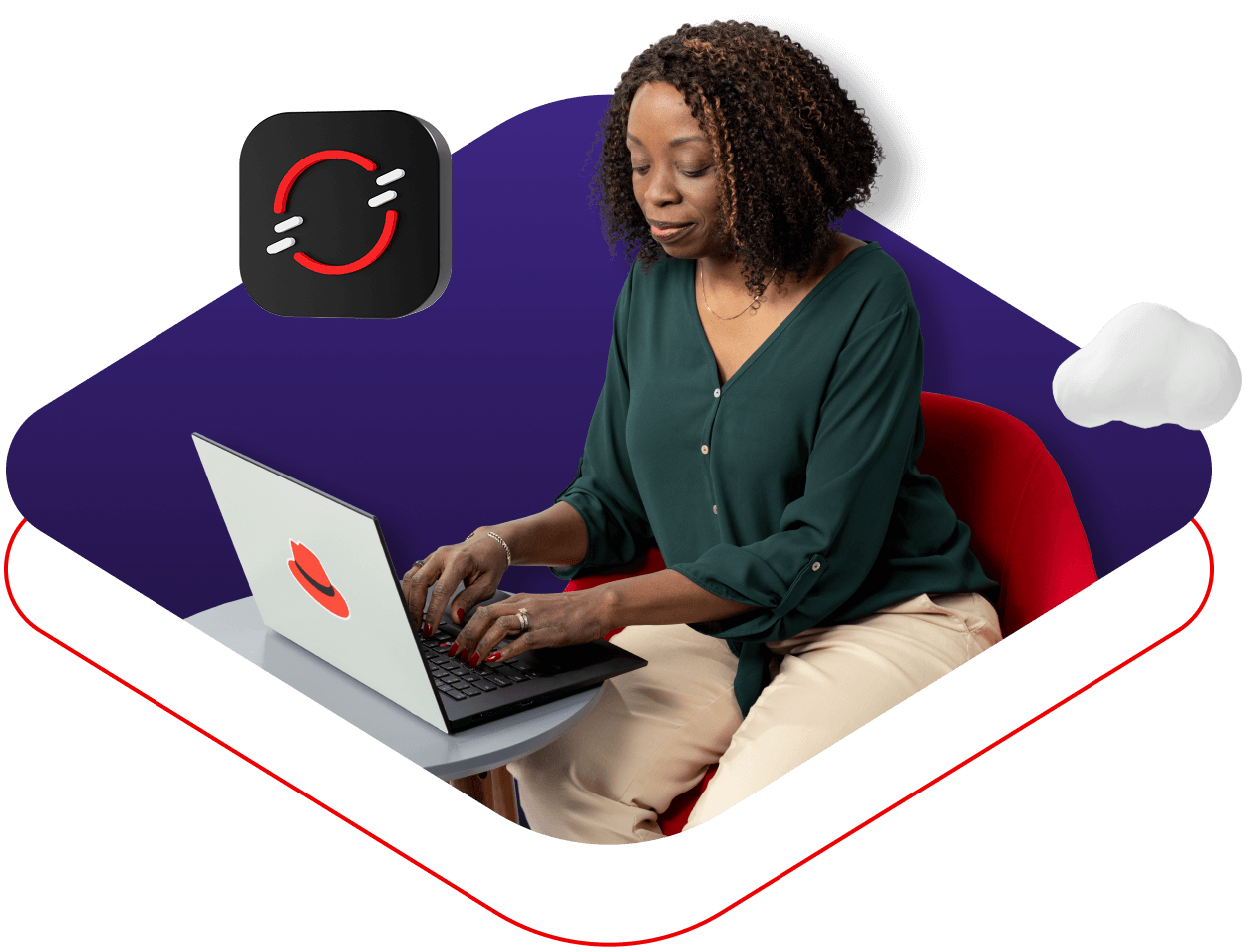 Bild einer sitzenden Frau, die an einem Laptop arbeitet