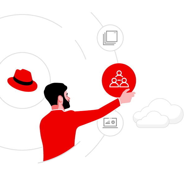 Illustration of man reaching for icon that has multiple people with lines connecting icons of computer and app 