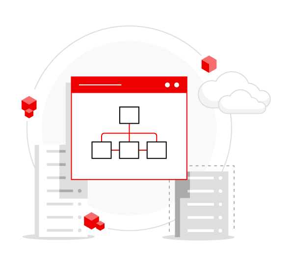 Illustration of flow diagram on top of a webpage behind it are servers and clouds
