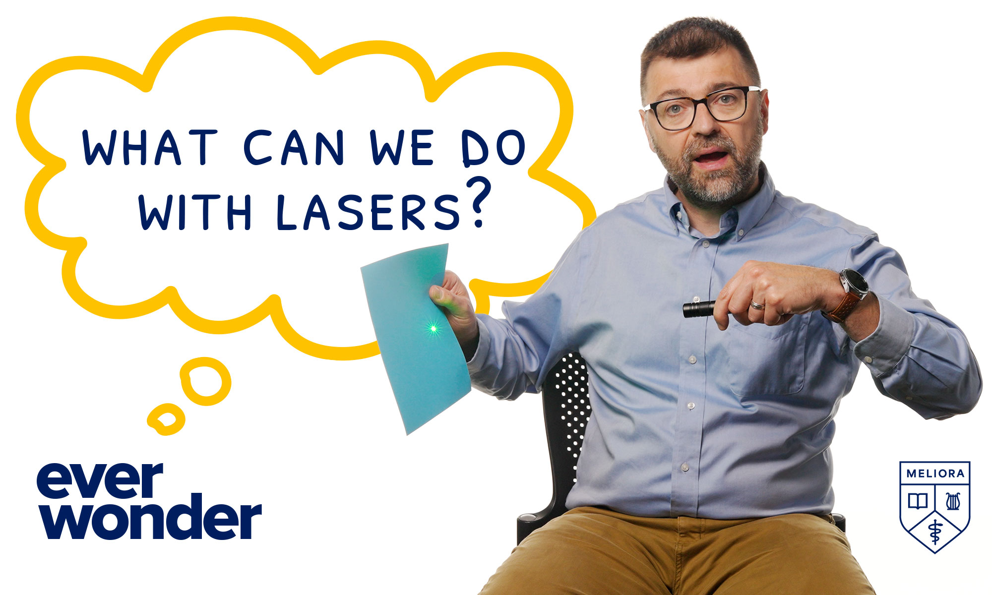 Video still showing Dave Canning pointing a laser pointer at a piece of paper near text that reads "ever wonder" and a thought bubble containing the phrase "what can we do with lasers?"