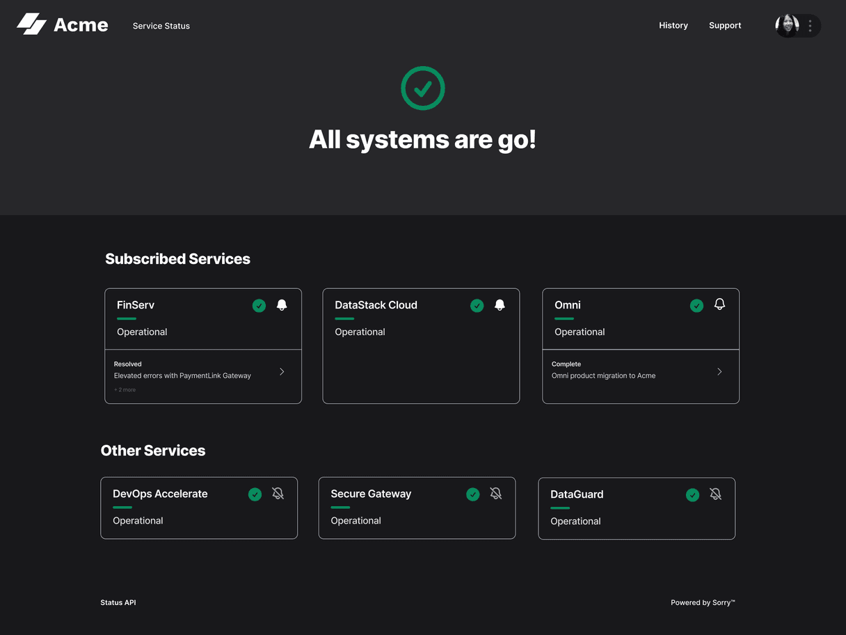 Sorry™ authenticated collection overview for Acme showing all systems operational with subscribed services FinServ, DataStack Cloud, and Omni, plus other services DevOps Accelerate, Secure Gateway, and DataGuard.